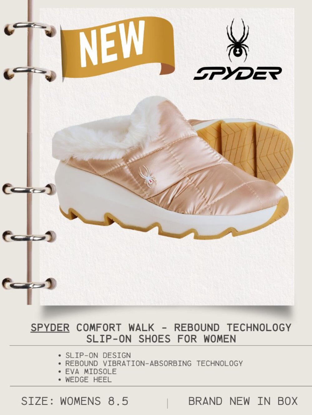 SPYDER NEW NIB Blush Shimmer Fur Lined Comfy Slip-On Shock Absorbing Shoes - 8.5